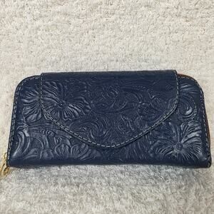 Navy Blue Mexican Handmade Floral Embossed Leather Flap Closure Wallet